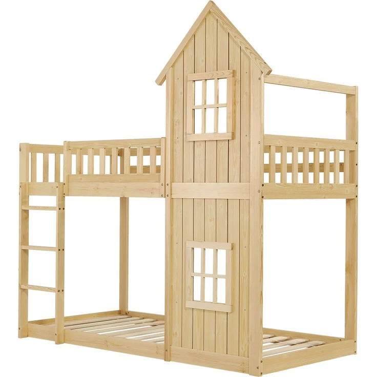 Etagenbett mit Rausfallschutz, Trittleiter und Lattenrost, 90x200 cm, Kinderbett, Kiefer – Bild 8