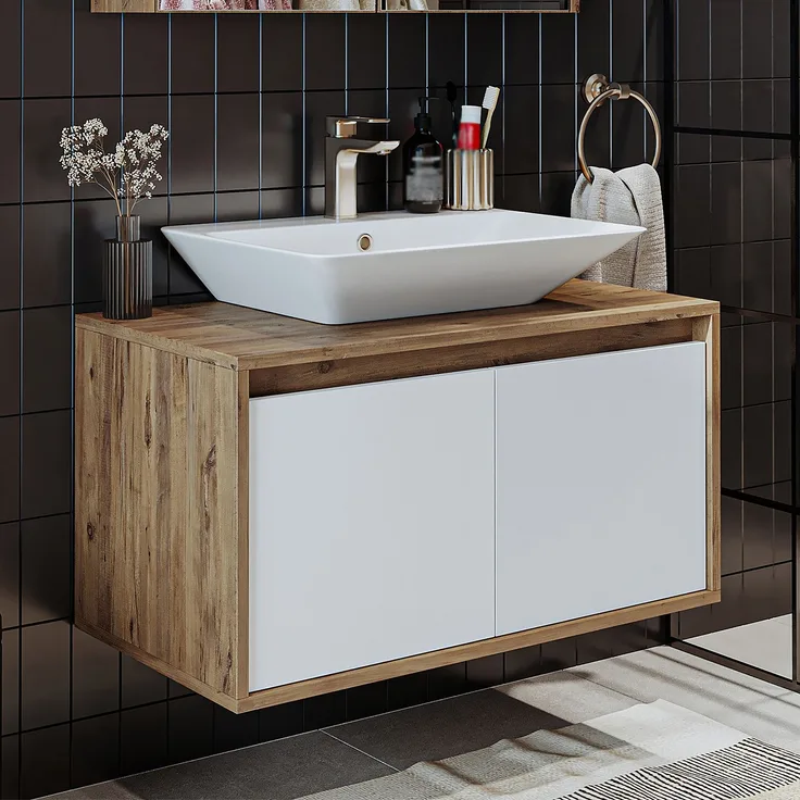 Roomart ATLANTIC-85 Badmöbel Set– 2-teiliges Badezimmermöbel Set - Waschbecken mit Unterschrank - H 45 x B 45 x T 85 cm • Weiß-Eiche