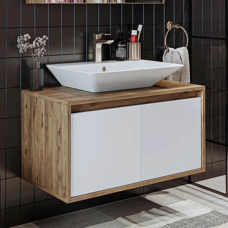 Roomart ATLANTIC-85 Badmöbel Set– 2-teiliges Badezimmermöbel Set - Waschbecken mit Unterschrank - H 45 x B 45 x T 85 cm • Weiß-Eiche – Bild 1