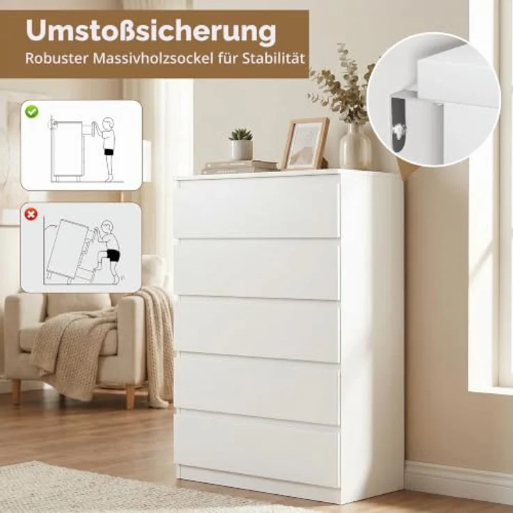 Jocoevol Kommode mit 5 Schubladen, Komodenschrank, Schubladenschrank, Moderner Schubladenschrank, Holzkommode mit Tiefen Schubladen für Wohnzimmer Schlafzimmer Eingangsbereich, 60 x 39 x 100 cm, Weiß – Bild 7