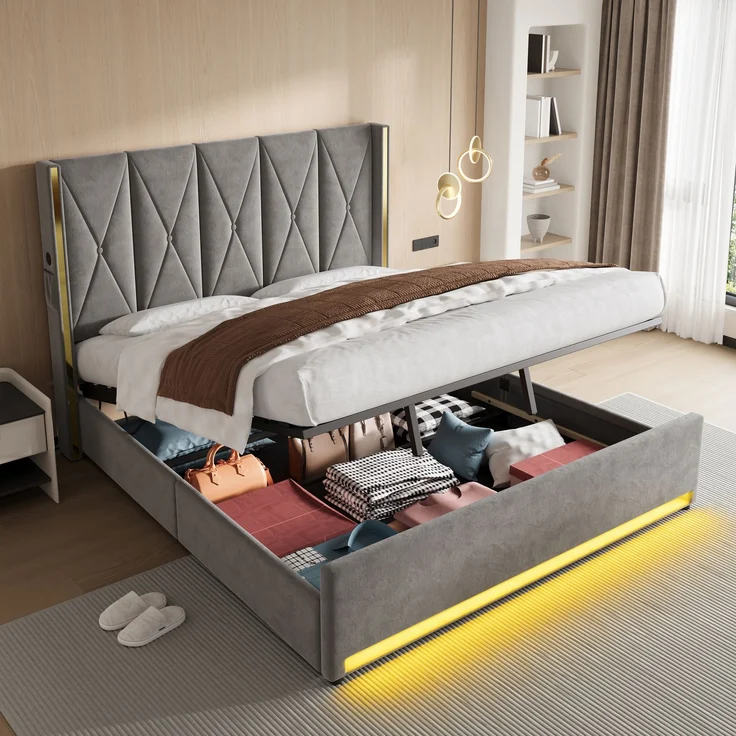 TavilaEcon Boxspringbett Veloursbett mit hohem Kopfteil, Seitentaschen & USB grau Liegefläche 180 × 200 cm – Bild 1