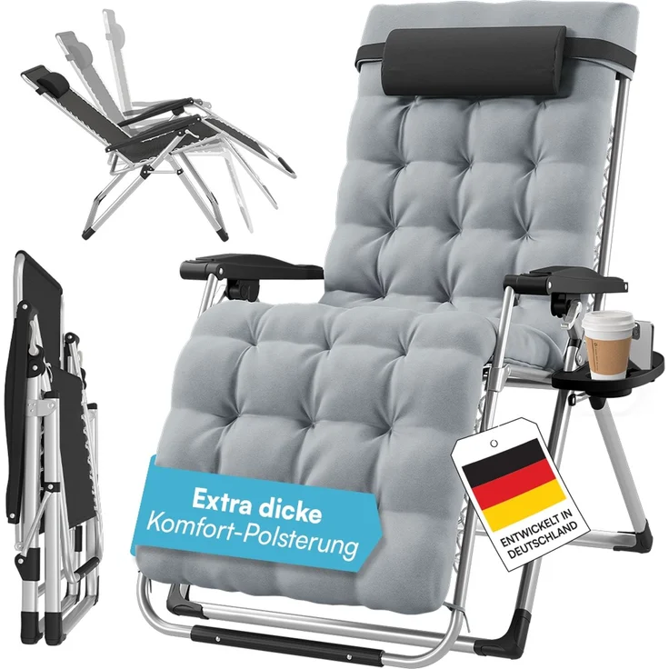 STEELSØN 'Lysira' Liegestuhl, klappbar & wetterfest, grau/silber, Sonnenliege mit extra dicker Polsterauflage, verstellbarer Gartenstuhl, bis 200 kg belastbar – Bild 1