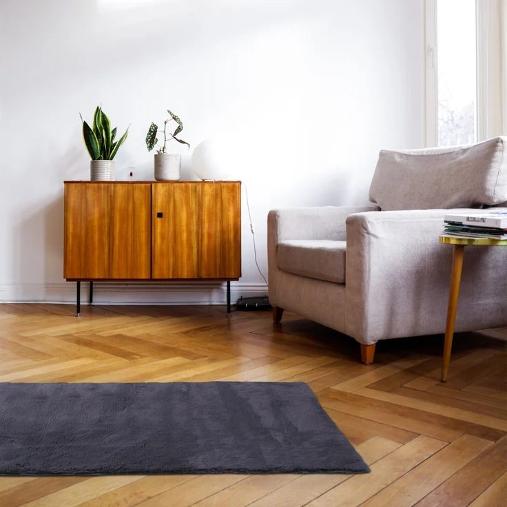 Hochflor Teppich für Wohnzimmer Schlafzimmer - 120x60cm - Flauschiger Fellteppich Shaggy Modern Extra weich Kunstfell - Fell Imitat anthrazit 60x120cm – Bild 2