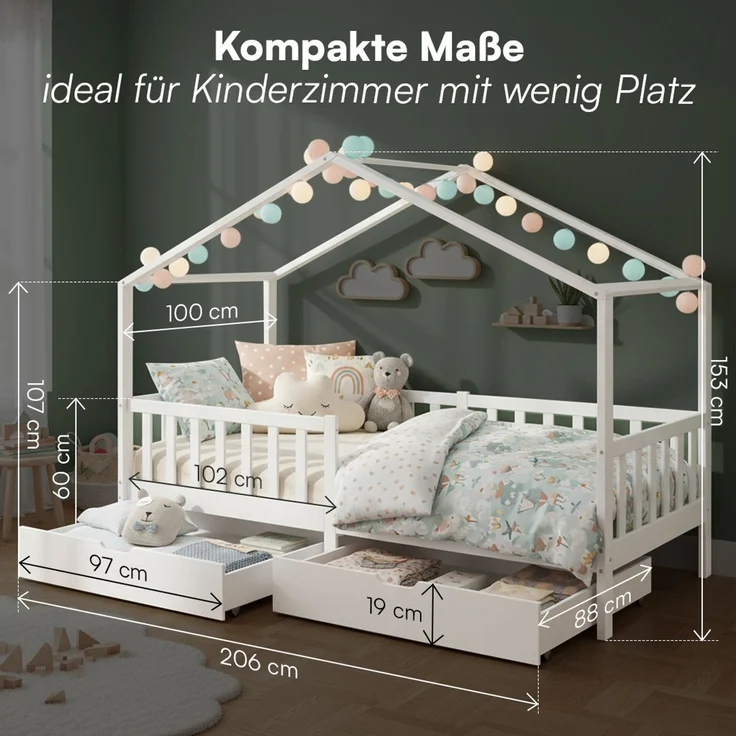 Bellabino 'Bia' Hausbett 90x200 cm mit 2 Schubladen, weiß, Kiefer Massivholz, Montessori Kinderbett mit Stauraum, inkl. Rausfallschutz und Lattenrost – Bild 7