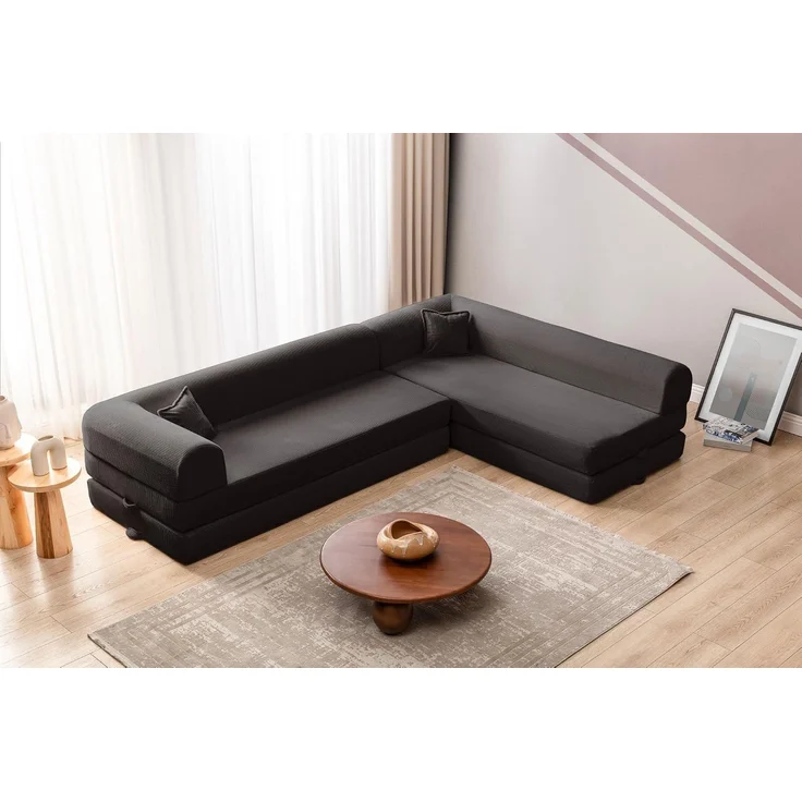 Ecksofa mit Schlaffunktion, Anthrazit, 280 cm | 100% Gerippter Plüschstoff, Abnehmbarer Bezug, 4 Kissen, tierfreundliches Design – Bild 4