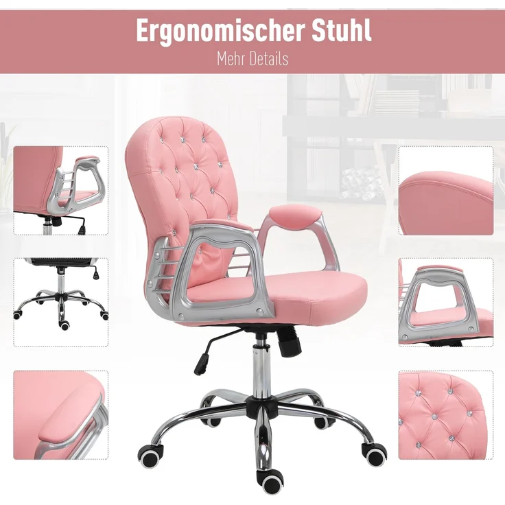 Faumrta Bürostuhl Chefsessel ergonomisch gepolsterte Rückenlehne, Rosa, PU, 59,5x60,5 95-105 cmBonded Leather59.5cm*60.5cm*105cmRosa – Bild 6
