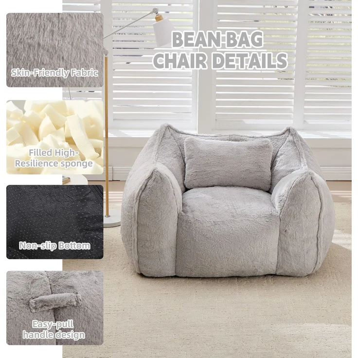 Riesiger Sitzsack mit Kissen, bequeme große Sitzsäcke für Erwachsene und Kinder, Kunstfell-Bodensofa für Wohnzimmer, Schlafzimmer und Wohnung, Grau – Herde – 123 x 97 x 73 cm – YOUDENOVA – Bild 4