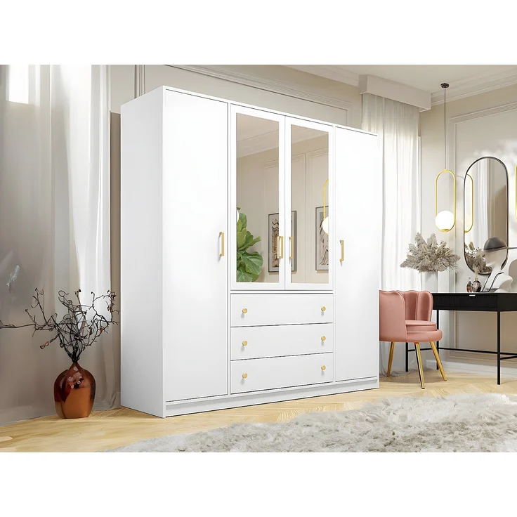 Vente-unique - Kleiderschrank mit 4 Türen & 3 Schubladen - Mit Spiegeln - 196 cm - Weiß - LIZANDRO – Bild 7