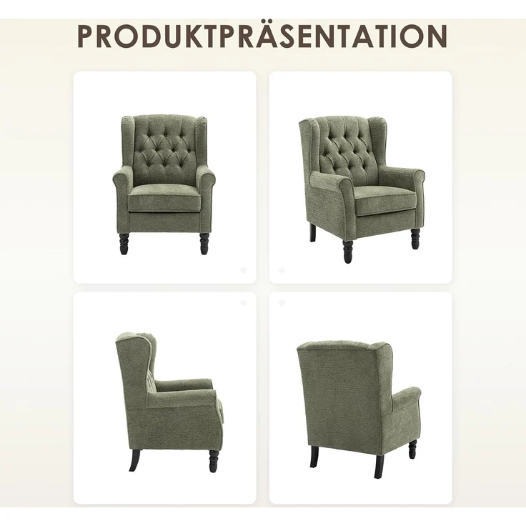 COLAMY Mid-Century Modern Sessel Wohnzimmer, Gepolsterter Wingback-Sessel mit Knopfsteppung, loungesessel Bezug aus Gewebe mit Massivholzbeinen für Wohnzimmer, Büro, Café - Grün – Bild 5