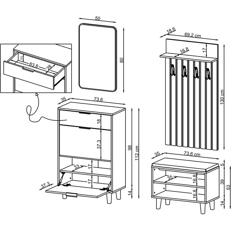 Roomart NORD Garderobenset 4-teilig – Schuhschrank, Sitzbank mit Schuhklappe, Garderobenpaneel 130 cm & Spiegel – Flurgarderobe – H 112 x B 73.6 x T 35 cm (Schuhschrank) • Weiß – Bild 7