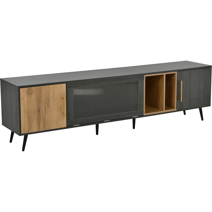 TV-Schrank Lowboard aus MDF mit Klappglasfront & Kabelmanagement, für bis zu 90 Zoll, 200x40x55,5 cm, Grau – Bild 4