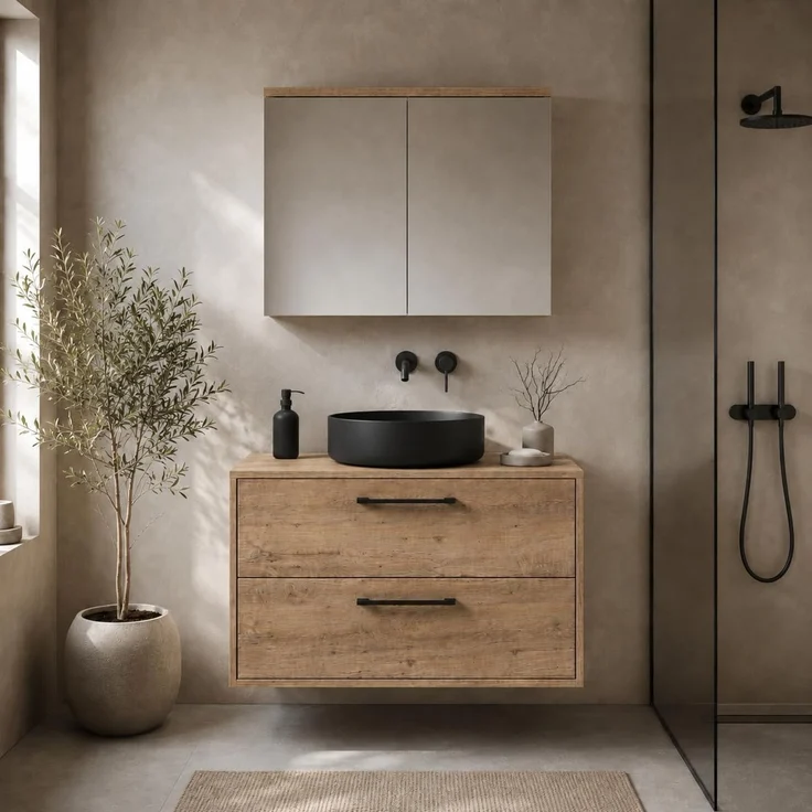 Badplaats Waschtischunterschrank Florence 80 x 46 cm - Kastanieneiche - mit Spiegelschrank – Bild 4