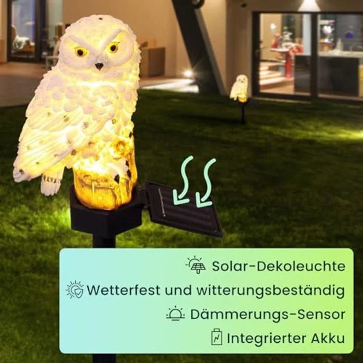 Casativo LED Solar Eule, 2er Set, wetterfest mit Dämmerungssensor, originelle Gartenleuchte für Balkon und Garten – Bild 5