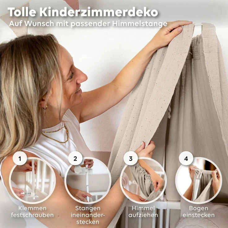 lilimaus Betthimmel Handgefertigter Baumwoll Betthimmel für Babybett, Gold Applikation, Stilvolle Musselin-Deko für Kinderzimmer, handgefertigt aus Baumwolle – Bild 3