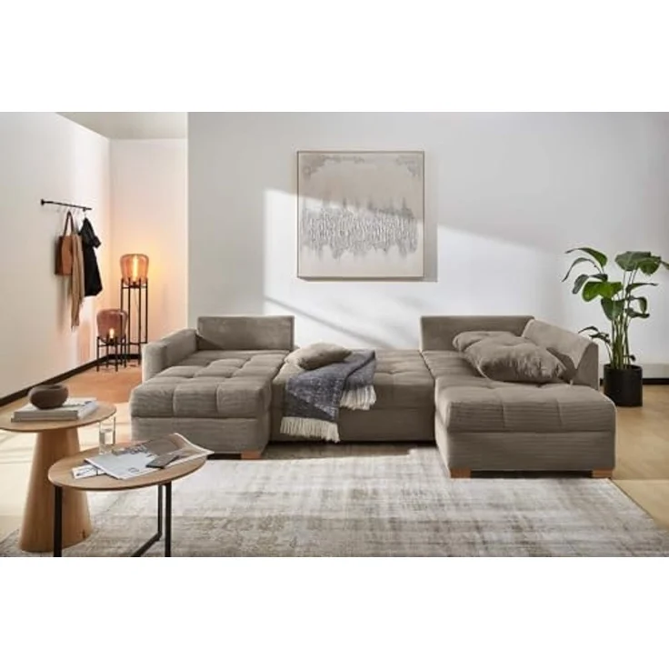 Wohnlandschaft U-Form Sofa groß Schlaffunktion Couch Bettkasten Cord Braun Taupe – Bild 5