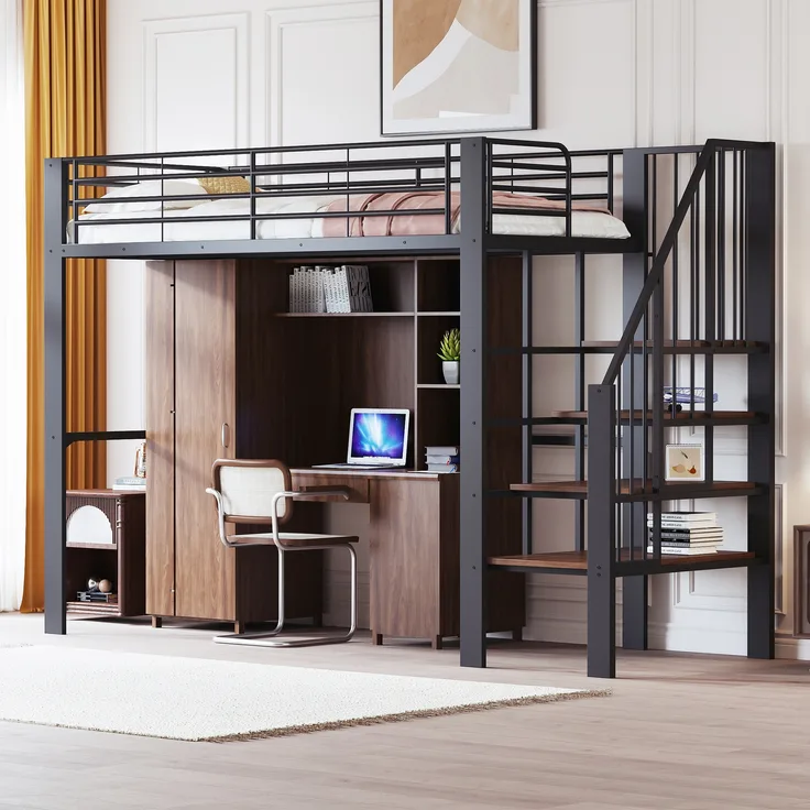 Hochbett, Stabile Metallkonstruktion mit geräumigem Stauraum unter dem Bett und Treppe Ideal für Kinder und Erwachsene Stauraumbett für maximale Platzeffizienz，，90 x 200 cm