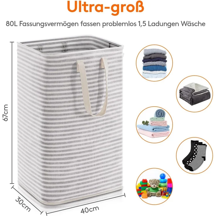 Lifewit 75L Groß Wäschekorb Organizer mit erweitertem Griff, Faltbarer Wäschesammler Wäschebox Aufbewahrungskorb, Tragbar Wäschesortierer für Wäsche, Kleidung, Decken, Kissen, Wäschekörbe, Grau – Bild 3
