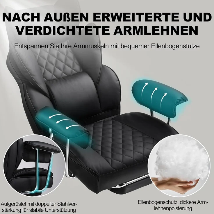 GTPLAYER Gaming Stuhl, Bürostuhl mit Taschenfeder-Lendenwirbelstütze, breiter Büro-Computersessel mit nach außen fixierten weichen Armlehnen und Fußstütze, 180KG, Leder Schwarz – Bild 6