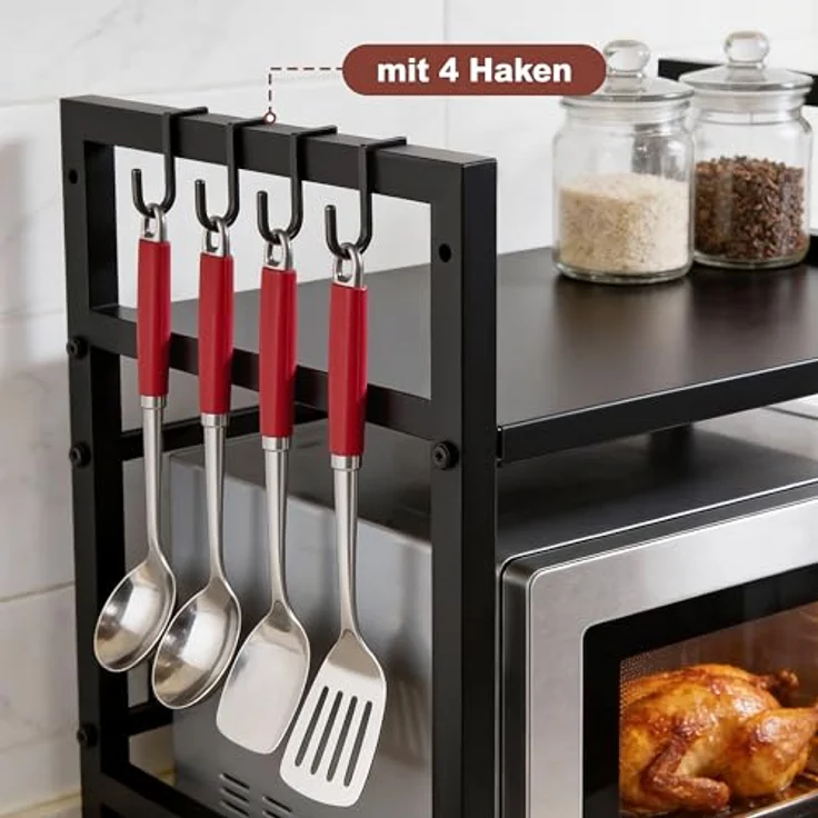 Ribelli Erweiterbares Mikrowellenregal 2 Stufig, Küchenregal Stehend Stahl, Mikrowellen Regal mit 3 Haken, Mikrowellenständer für Arbeitsplatte, Vorratsregal Bäckerregal, Schwarz – Bild 8