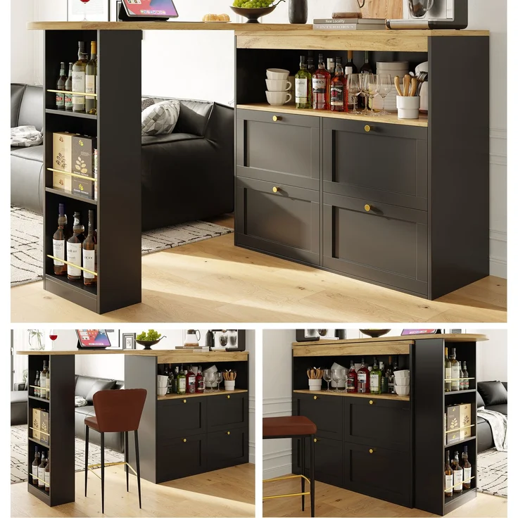Bartisch 105 x 39 x 102 cm, 360° drehbar, mit 4 Schubladen und offenen Ablagen, Schwarz – Bild 1