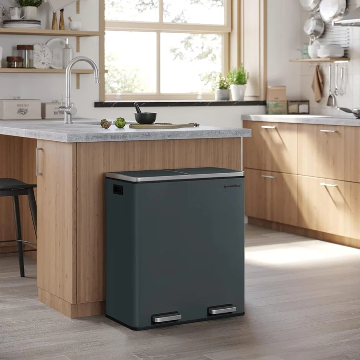 Songmics Mülleimer mit 2 Fächern und Softclose, luftdicht inkl. Müllbeutel, Metall, 60 (2x30) Liter, Rauchgrau – Bild 3