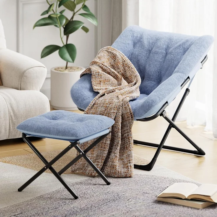 Relaxsessel Ohrensessel Eisenrahmen Kaninchenfell Blau – Bild 2