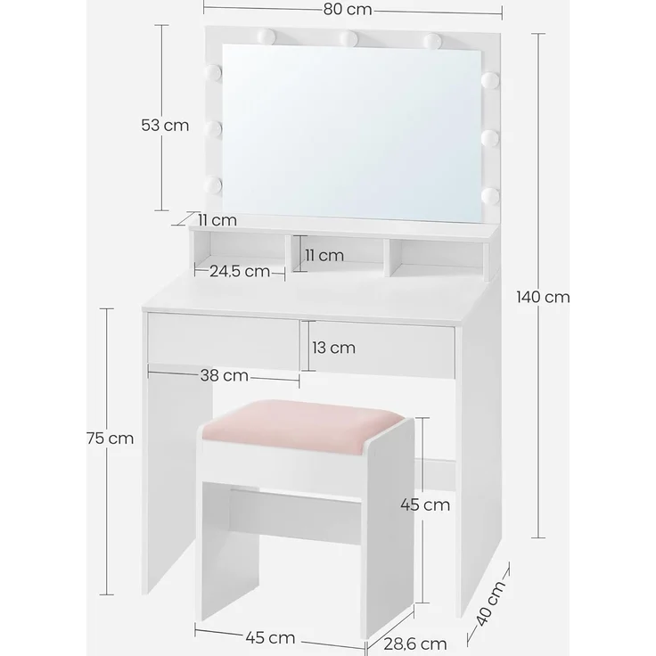 VASAGLE Schminktisch, mit LED-Beleuchtung, einstellbare Helligkeit, Frisiertisch mit Spiegel, Hocker, Kosmetiktisch mit 2 Schubladen und 3 offenen Fächern, modern, wolkenweiß und pastellrosa RDT720W01 – Bild 6