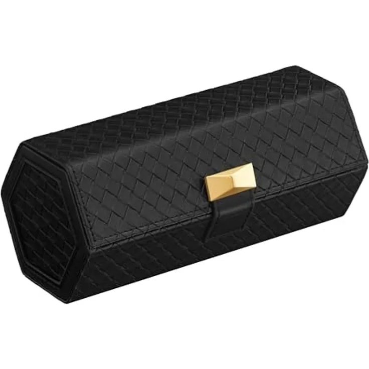 SONGMICS HOME RONNE Kollektion - Uhrenbox unterwegs, Uhrenrolle für 3 Uhren, hexagonale Form, PU im Flechtlook, versteckter Stauraum, 9,8 x 21,2 x 8,7 cm, Geschenkidee, tintenschwarz JWB027B01