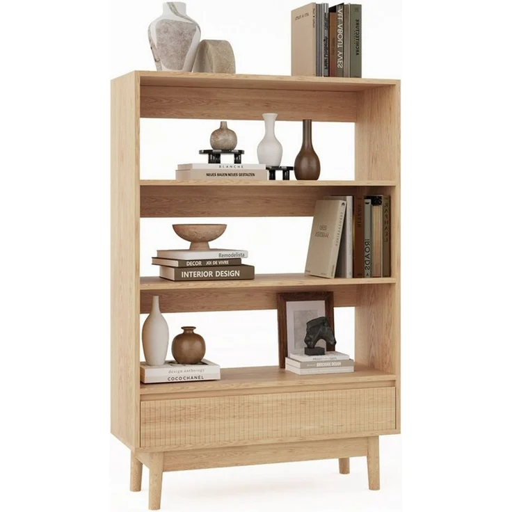 VOWNER Bücherregal mit Schublade, offenes Standregal, modernes Holzregal, 3-tlg, vielseitiges Aufbewahrungsregal, 3 Ebenen, Maße 240x120x30 cm – Bild 3