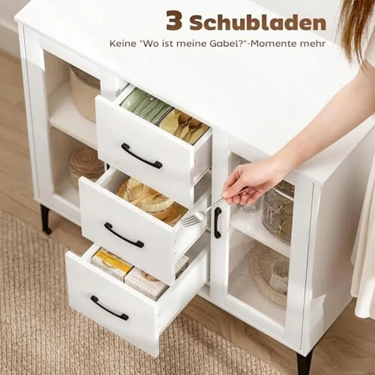 HOMCOM Sideboard mit 3 Schubladen, 2 Glastüren, verstellbaren Regalen (Modern Schubladenschrank, 1 St, Kommode), mit Soft-Close-Scharnieren, für Wohnzimmer Esszimmer Flur, Weiß – Bild 4