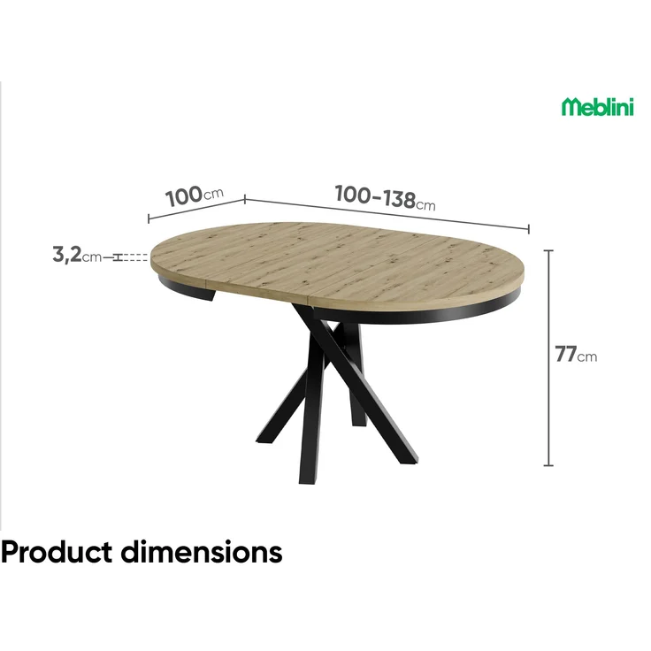 MEBLINI Esstisch Rund Ausziehbar aus Metall - 100-138x77cm - CHRIS - Artisan Eiche/Schwarz Matt - Loft - Esszimmertisch Modern - Küchentisch - Ausziehtisch - Round Dining Table - Esszimmertische – Bild 7