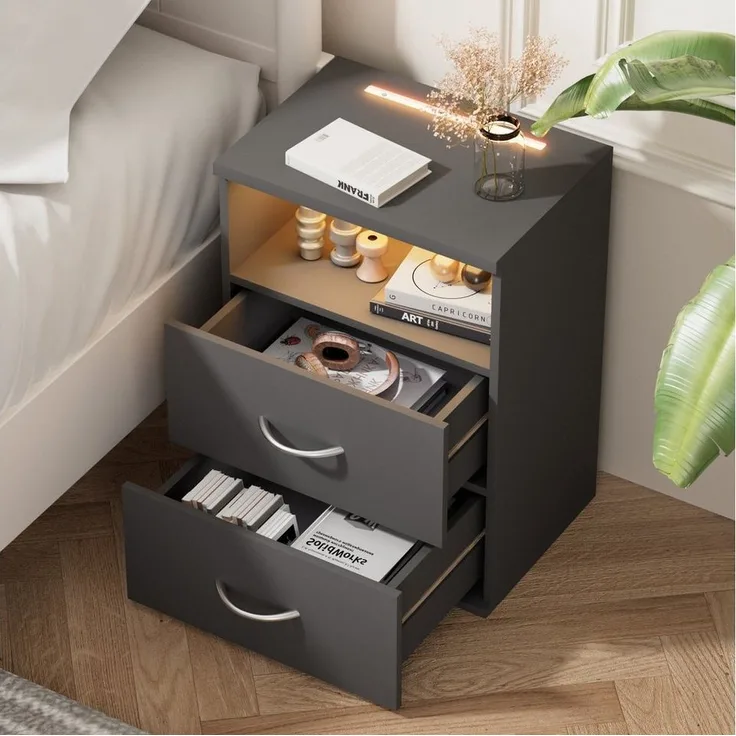 Casaria® Nachttisch Touch LED Beleuchtung 40 x 28 x 55 cm Dimmbar Holz 2 Schubladen Boxspringbett Schlafzimmer Wohnzimmer Beistelltisch Nachtschrank Anthrazit