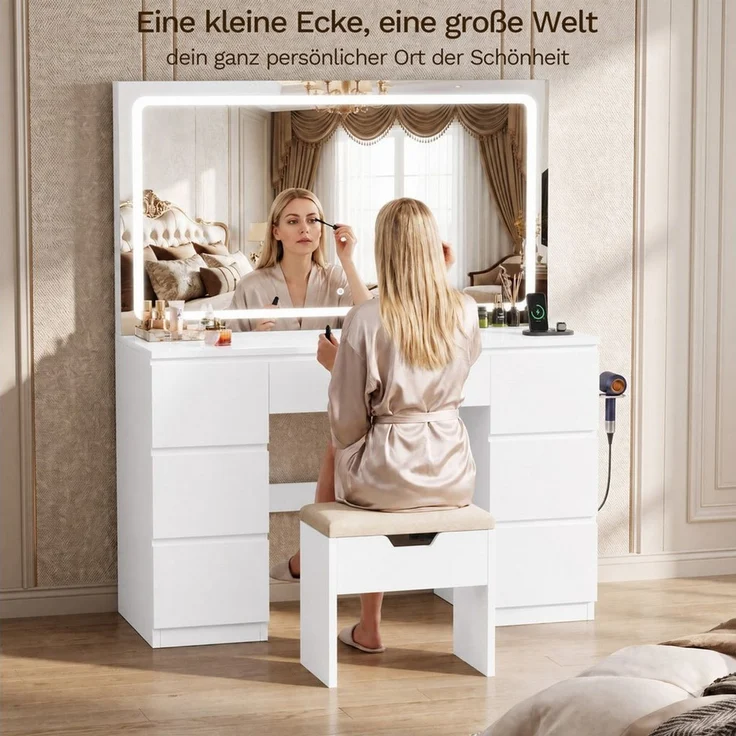 HOMALL Schminktisch 115 cm großer LED-Schminktisch mit einstellbarer Helligkeit (Maße: 115 × 40 × 139 cm, mit 7 Schubladen, 2 Steckdosen, 1 USB-Anschluss und 1 Typ-C-Anschluss sowie einer Halterung für den Föhn, als Set mit Frisiertisch und Stuhl erhäl... – Bild 3