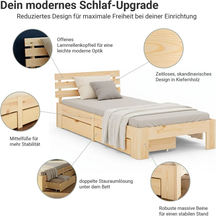Holzbett 90x200 mit Federkernmatratze 2 Bettkästen Bett Natur Holzbett Bettgestell Futonbett Jugendbett Einzelbett – Bild 5