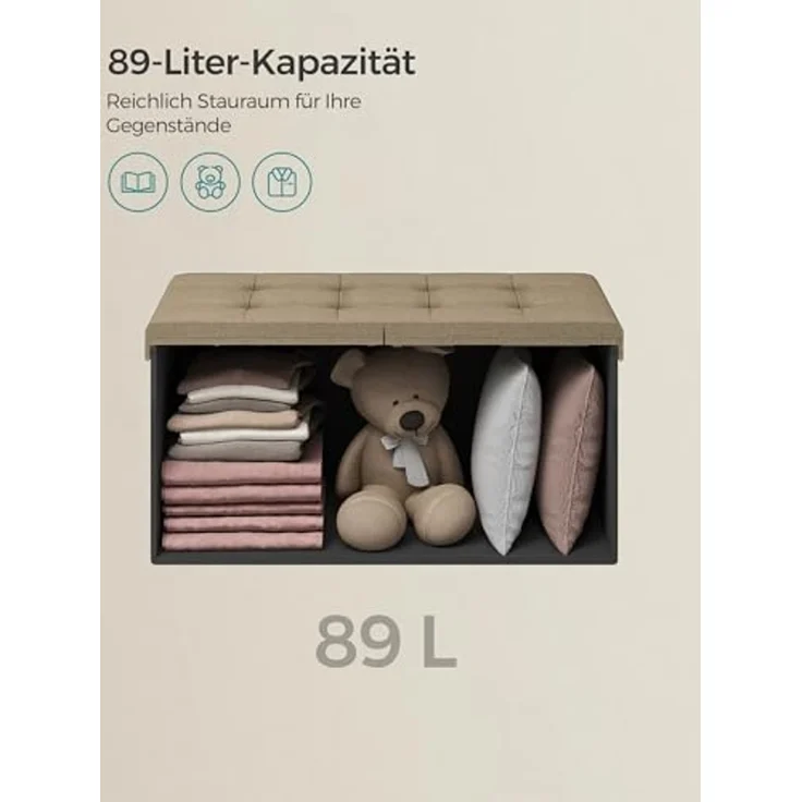 Songmics Sitzbank mit Stauraum, klappbare Sitztruhe, Aufbewahrungsbox, 38 x 76 x 38 cm, Deckel klappbar, bis 300 kg belastbar, für Flur, Wohnzimmer, Schlafzimmer, Kamelbraun LSF046K01 – Bild 5