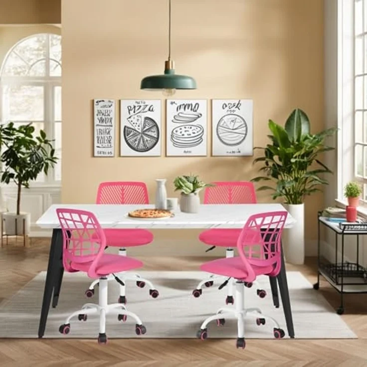 FurnitureR Esszimmer-Drehstühle, 1PC Küchenstuhl, gepolsterter Stuhl, Drehstuhl, bequemer Stuhl mit Rädern, Rückenlehne, armloser Stuhl für Esszimmer, Wohnzimmer, Rosa – Bild 2