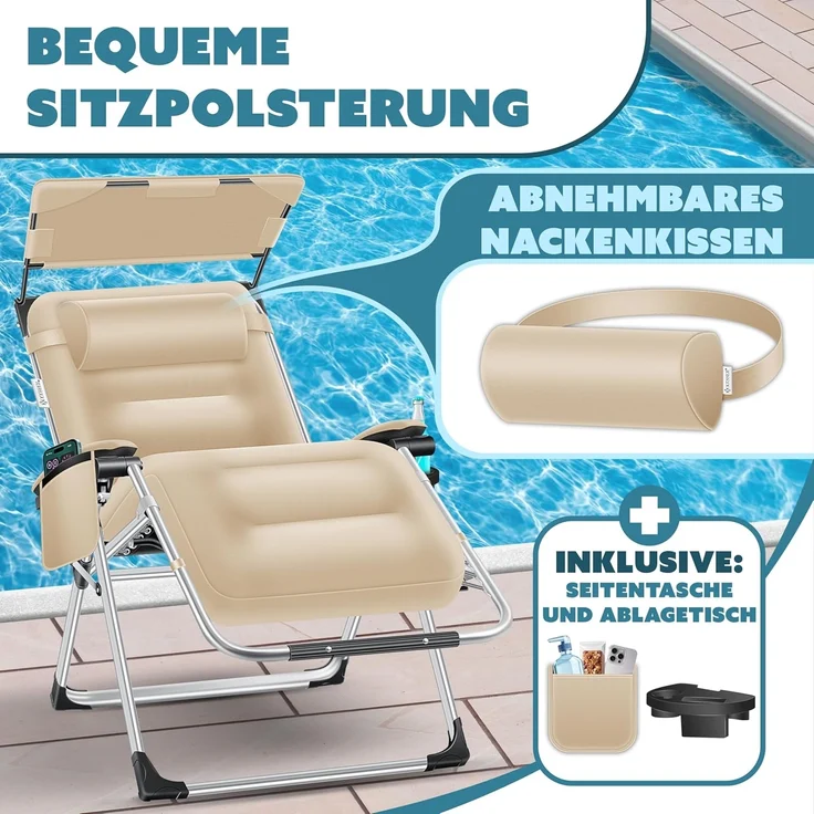 KESSER® Sonnenliege Liegestuhl, klappbare XXL Gartenliege Wetterfest, Belastbar 200kg, Ergonomisches Polster verstellbare Rückenlehne inkl. Nackenkissen Getränkehalter & Armpolster, mit Dach Beige – Bild 3