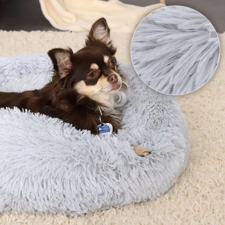 lionto Donut Hundebett, rundes Hundesofa mit Plüschbezug & Anti-Rutsch-Noppen, weich & gemütlich, 50 cm Durchmesser, hellgrau – Bild 3