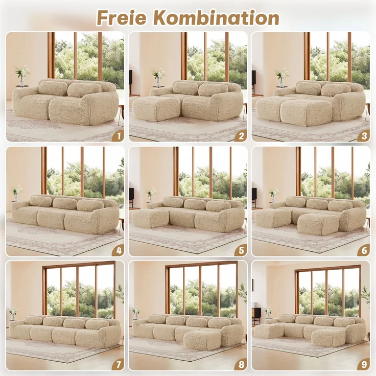 Modulares Ecksofa aus Plüsch mit Chaiselongue, beige – Bild 7