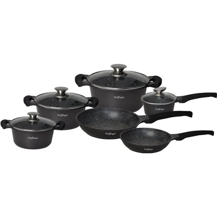 Kochtopf Topf Pfannen Set Kochgeschirr 10-tlg Alu-Guss Cheffinger schwarz DB1010 – Bild 3