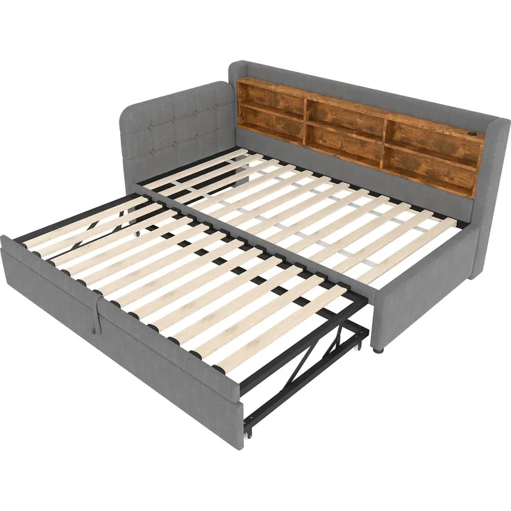 Stauraumbett mit Lattenrost, Regal, USB und Type-C Anschluss, 90x200cm/180x200cm, Liegefläche erweiterbar, Einzelbett, Polsterbett, Leinen – Bild 8