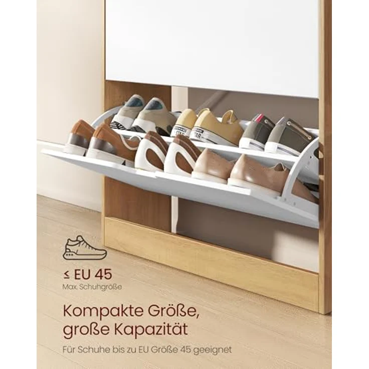 VASAGLE Custos Kollektion - Schuhschrank, Schuhkipper, Schuhaufbewahrung, offenes Fach, Trennwand verstellbar, 2 Klappen, 24 x 80 x 102 cm, 14-16 Paar Schuhe, goldeichenfarben-wolkenweiß LBC048YA02 – Bild 6
