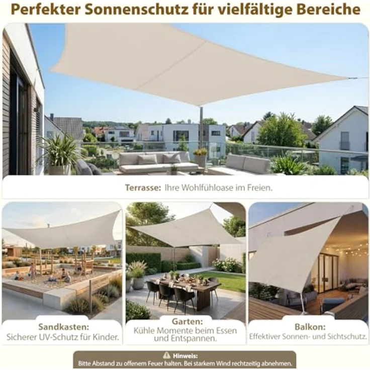 Sekey Sonnensegel Wasserdicht 3x3 m Quadratisch, Sonnenschutz hochdichtes PES 160g/m² Wetterfest & Reißfest, Nahtversiegelung (Zuverlässig Dicht) & 95% UV Schutz, für Balkon Terrasse Garten, Taupe – Bild 7