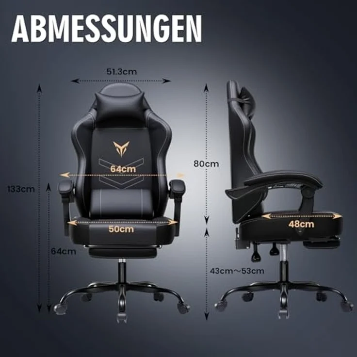 GTPLAYER Gaming Stuhl, Ergonomischer Gamer Sessel mit Fußstütze, Bürostuhl Höhenverstellbar mit Kopf- und Lendenkissen,Drehstuhl aus Kunstleder schwarz – Bild 3