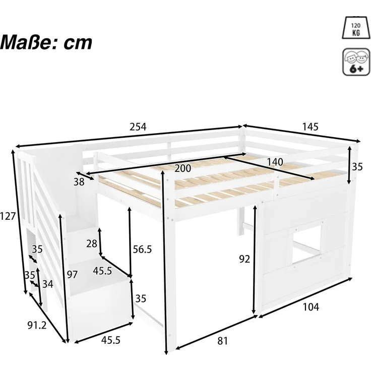 Hochbett mit Lattenrost und LED-Beleuchtung, 140x200 cm, Treppe mit Regal, Kinderbett mit Rausfallschutz, Spielbett, Kiefer – Bild 4