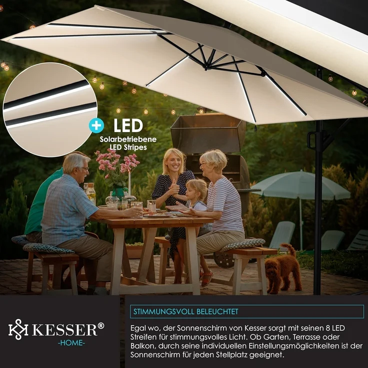 KESSER® Ampelschirm Holly Sonnenschirm Rechteckig mit und ohne LED Solar inkl. Abdeckung + Windsicherung mit Kurbel | Kurbel-Schirm mit Ständer UV-Schutz Aluminium Wasserabweisend Ø350cm Gartenschirm Beige, Mit LED – Bild 8