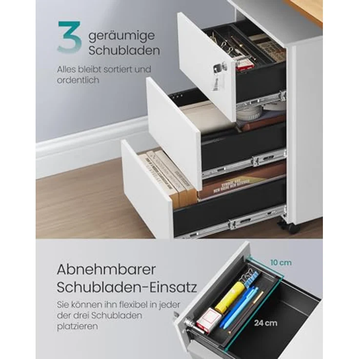SONGMICS Schubladenschrank, Rollcontainer, mobiler Aktenschrank, Metallschrank, Druckertisch, abschließbar, 3 Schubladen, vormontiert, Büro, Homeoffice, 40 x 30 x 54 cm, mattweiß OFC079W01 – Bild 5