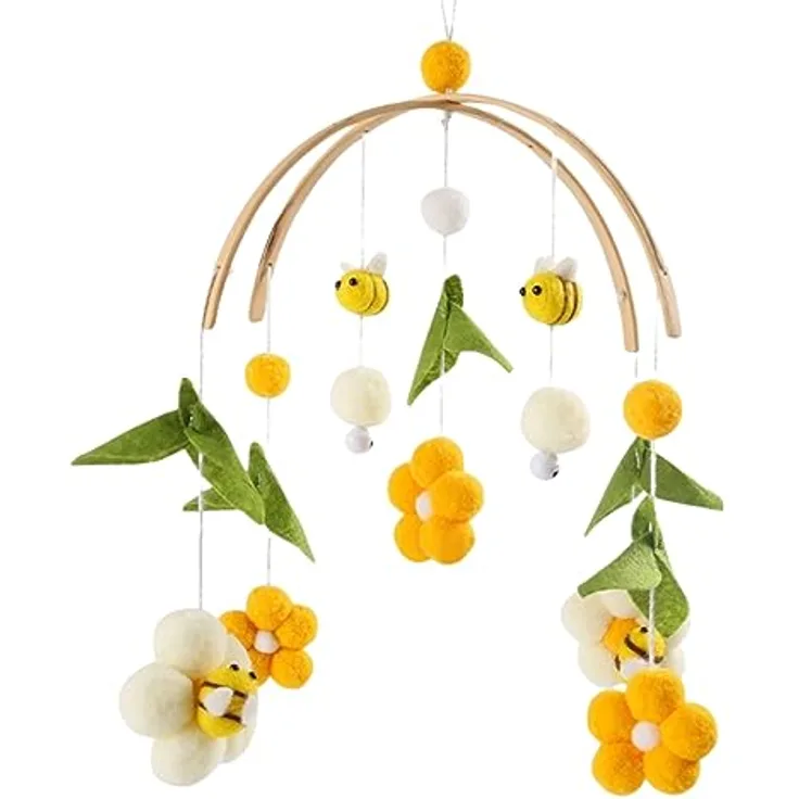 Herfair Mobile Baby Windspiele mit Filzbällen - Frische Blumen und Bienen, Kinderzimmer Hängende Bettglocke, für Babybett Wickeltisch Deko (Gelb)