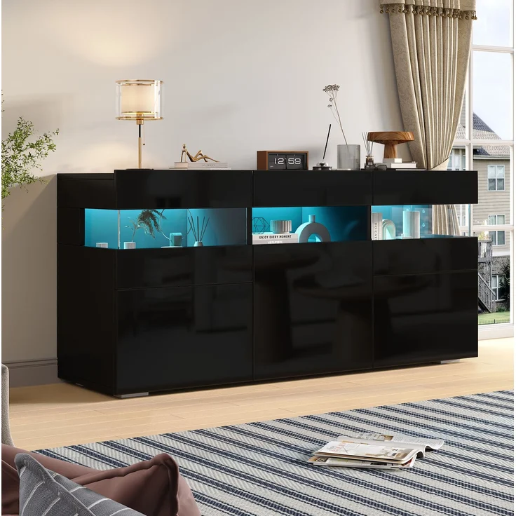 DESVIAE Sideboard Schwarz aus Spanplatte – 140x66,5x40,5 cm – 3 Türen, LED-Beleuchtung – Bild 1