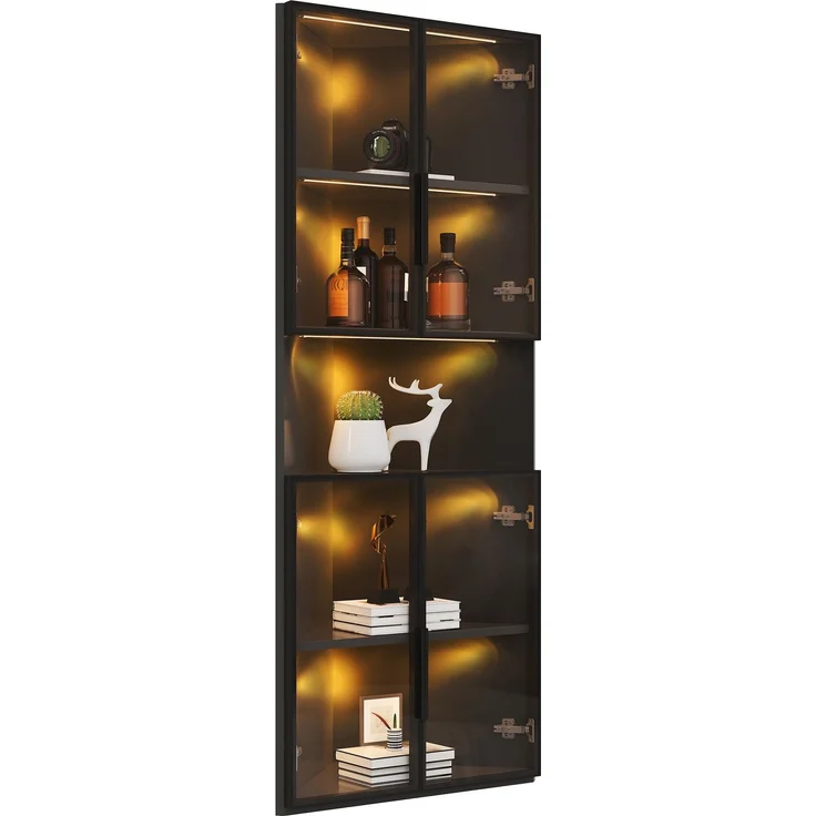 ZUBALIYA Dreieckige Vitrine 62x32x160cm – Schwarzer Eckschrank mit Glasfront, LED-Beleuchtung, Offener Mittelbereich – Display-Schrank für Sammlerstücke, Gläser & Dekoration – Bild 5